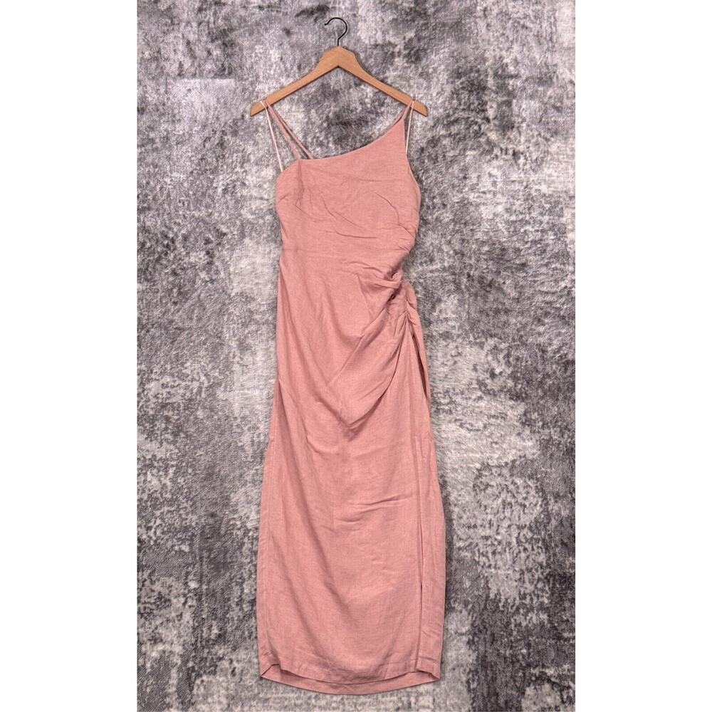 New Anthropologie Dress 8 Womens Pink Linen One Shoulder Strappy Maxi